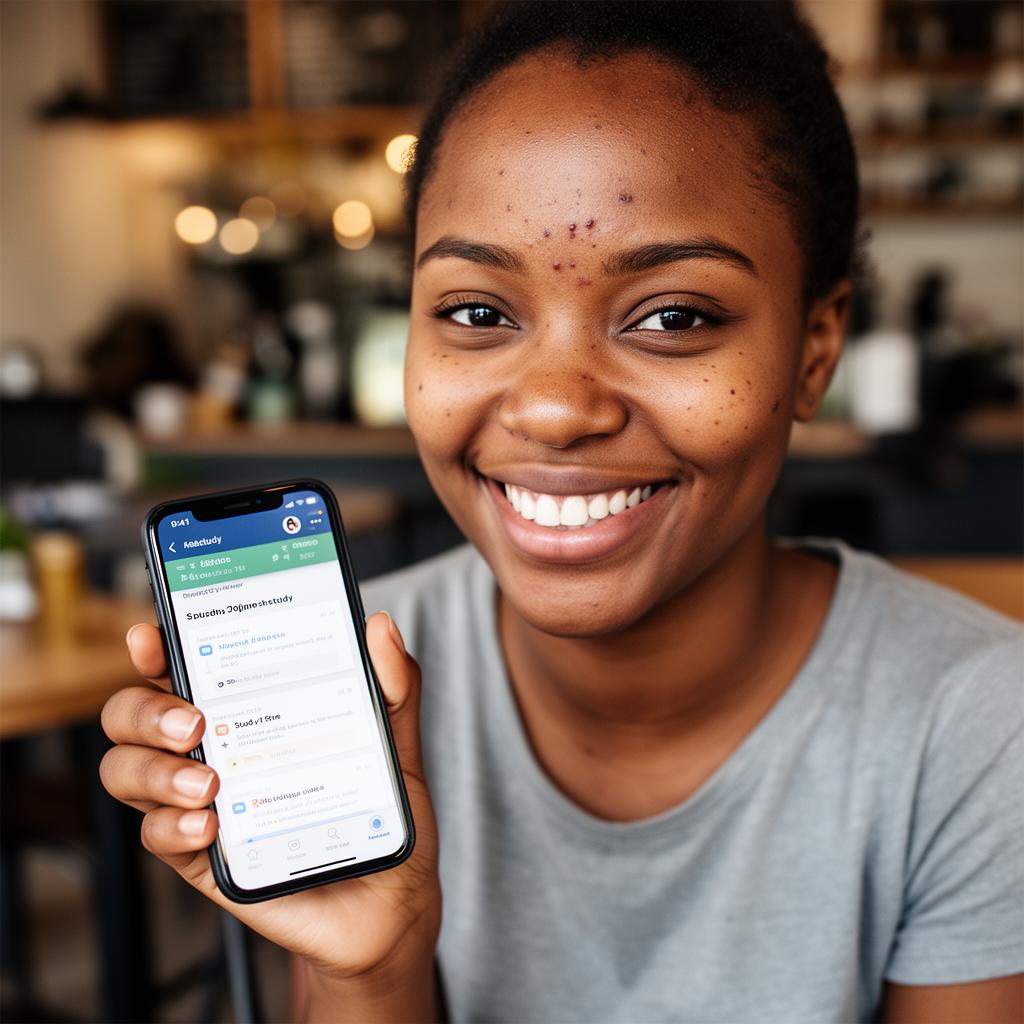 South African student smiling while practising K53 road sign quiz on a smartphone
